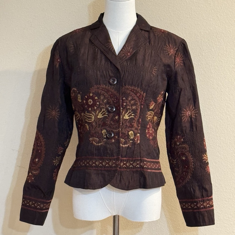 Y2K Brown Embroidered Paisley Blazer Jacket Boho Peplum Womens Petite S